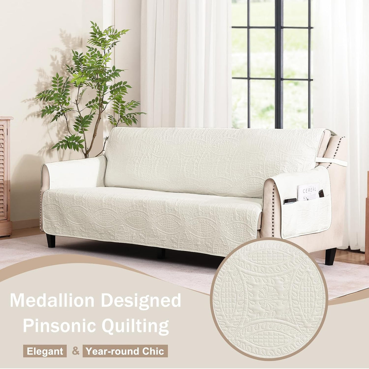 Soft Quilted Couch Cover with Pockets for Extra-Large Sofa, Anti-Slip Sofa Covers Washable for 3 Cushion Pet Friendly Medallion Oversized Sofa Cover Water-Repellent (X-Large Sofa 78", Ivory White)