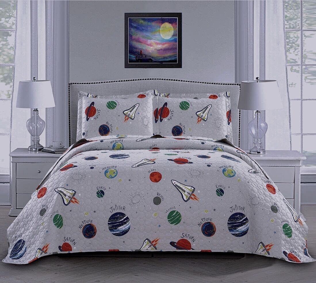 3 Piece Space Quilt Summer Bedspreads Twin Size Kids Planet Bed Cover Lightweight Coverlet Set Blanket Universe Bedding-Gray White