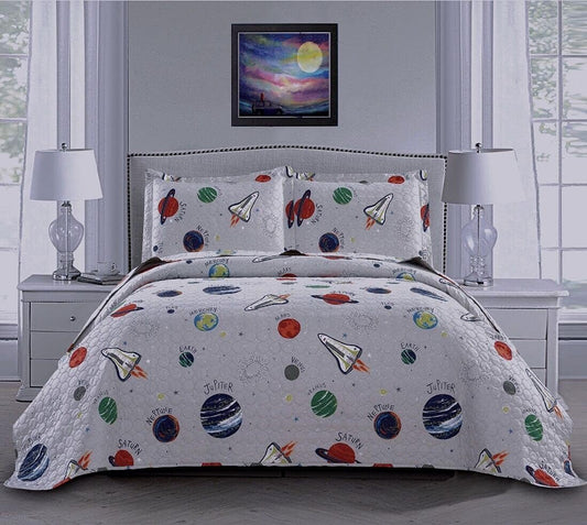 3 Piece Space Quilt Summer Bedspreads Twin Size Kids Planet Bed Cover Lightweight Coverlet Set Blanket Universe Bedding-Gray White
