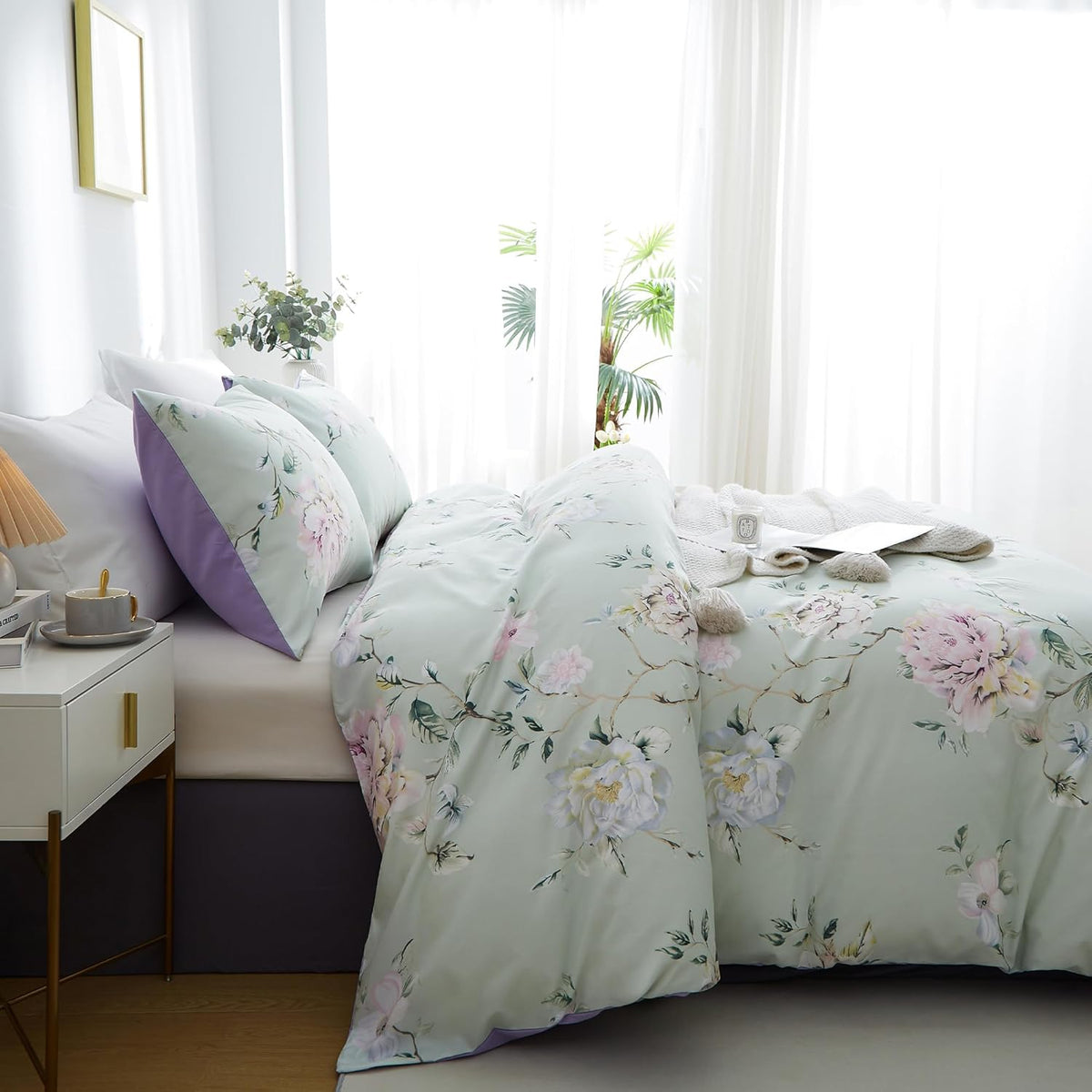 BOLINLIVINGFloral Duvet Cover Set Queen Size, 3Pcs Bedding Set,Green&Purple