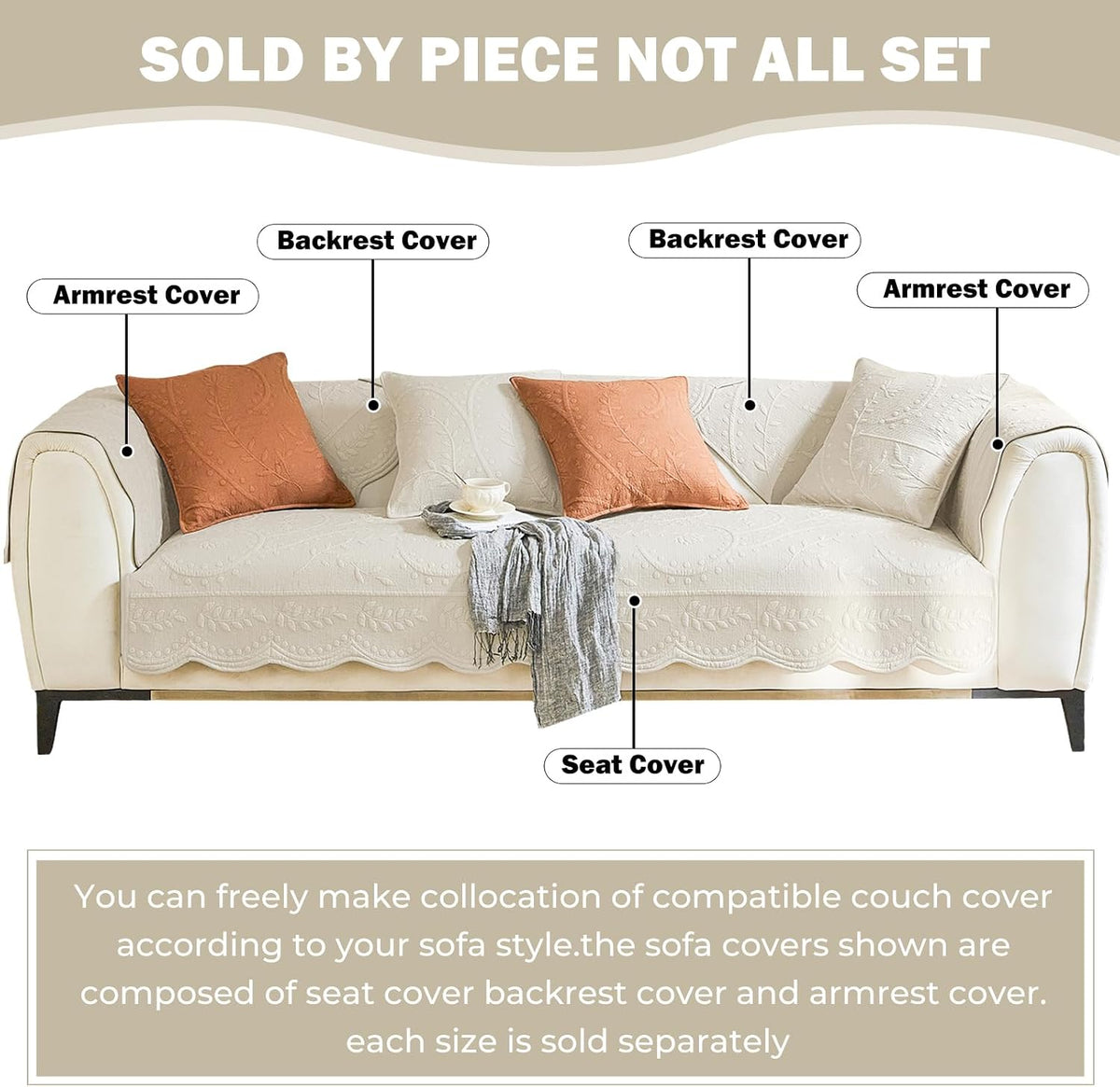 Cotton Quilted Couch Cover for Sofa Sectional Sofa Covers Washable(Beige,28"x28")
