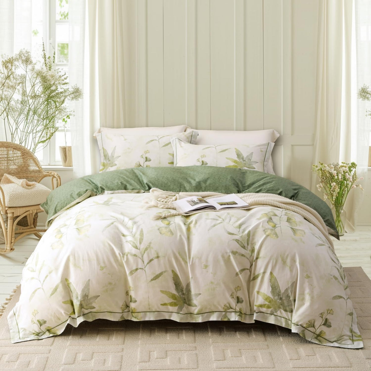 OAITE Queen Duvet Cover Set 3pcs 100% Cotton Wildflower Botanical