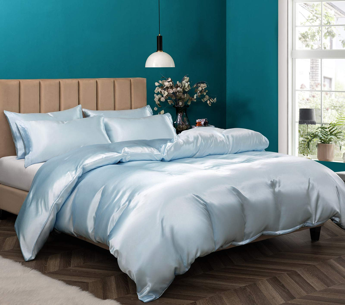 P Pothuiny 5 Pieces Blush Pink Satin Duvet Cover Full/Queen Size Set