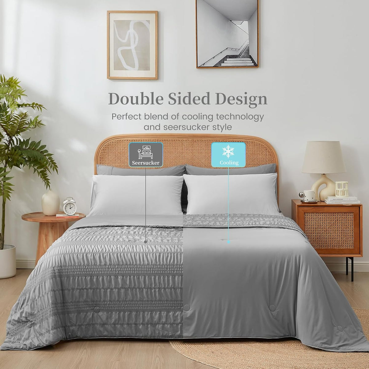 Cozy Bliss Seersucker Cooling Comforter Queen Size, Q-Max 0.45 Reversible Lightweight Cooling Blanket, Breathable Silk Smooth Summer Bedding Quilt for Hot Sleepers Night Sweats Dark Grey
