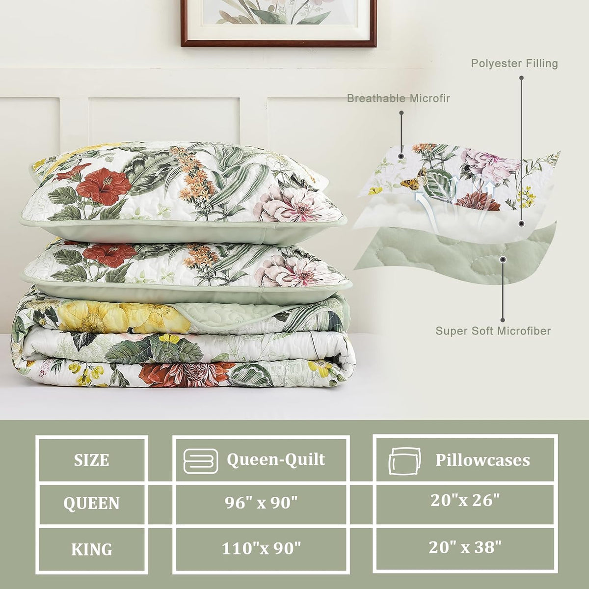 Anibedding Sage Green King Quilt Sets,3 Piece Floral Farmhouse Botanical Lightweight Bedspread Coverlet with 2 Shams Microfiber Spring Summer Bedding Set for All Season(110"x90")