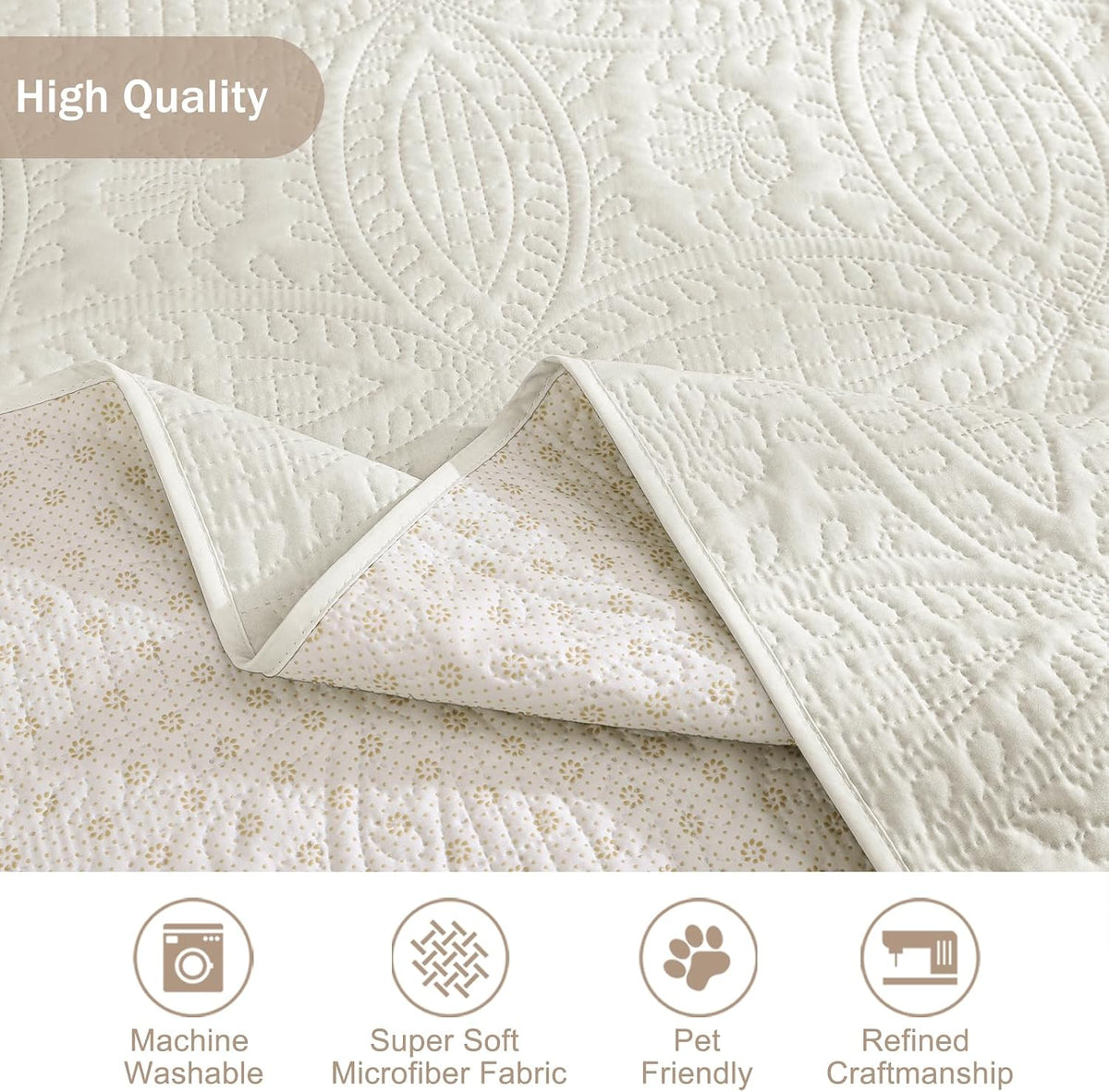 Soft Quilted Couch Cover with Pockets for Extra-Large Sofa, Anti-Slip Sofa Covers Washable for 3 Cushion Pet Friendly Medallion Oversized Sofa Cover Water-Repellent (X-Large Sofa 78", Ivory White)