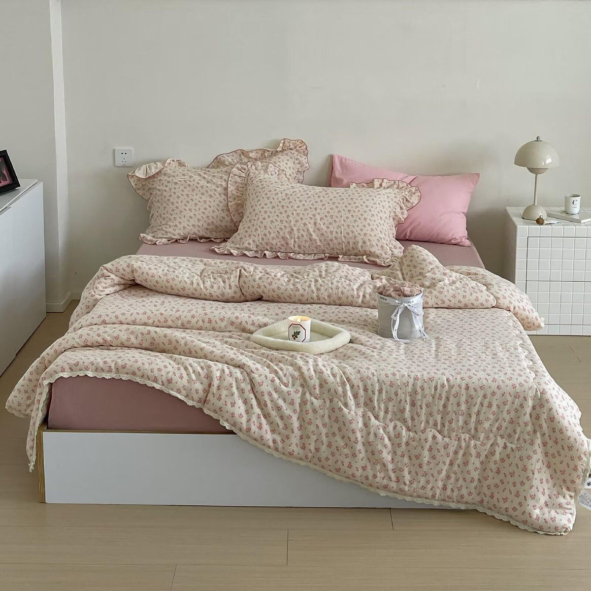 BuLuTu Shabby Chic Floral Quilt for Full Size Bed Blankets Muslin Cotton Summer Quilts Lightweight Soft Kids Comforter for Girls Teens Azalea Pattern, 79"x90", 3.9 Pounds, No Pillowcases