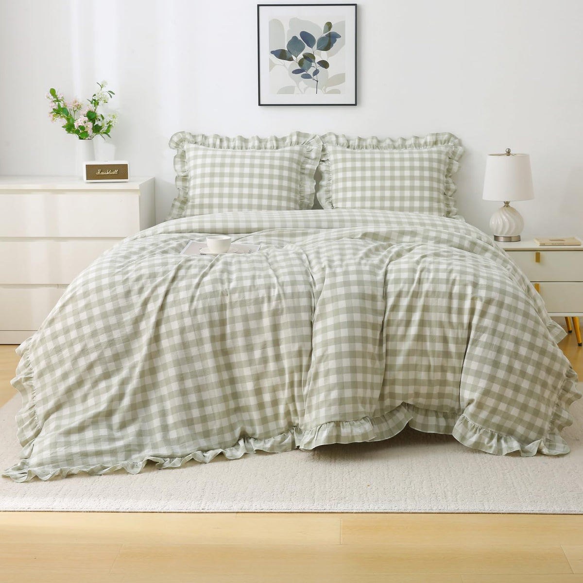 Silnuo Light Blue/White Gingham Plaid Ruffle Duvet Cover Set King Size