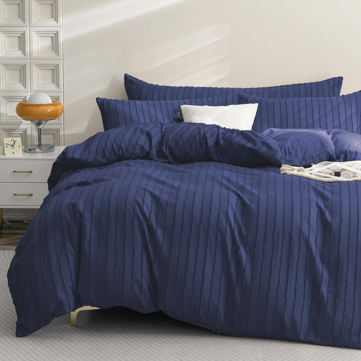 JELLYMONI White Striped Tufted Duvet Cover Set Queen Size