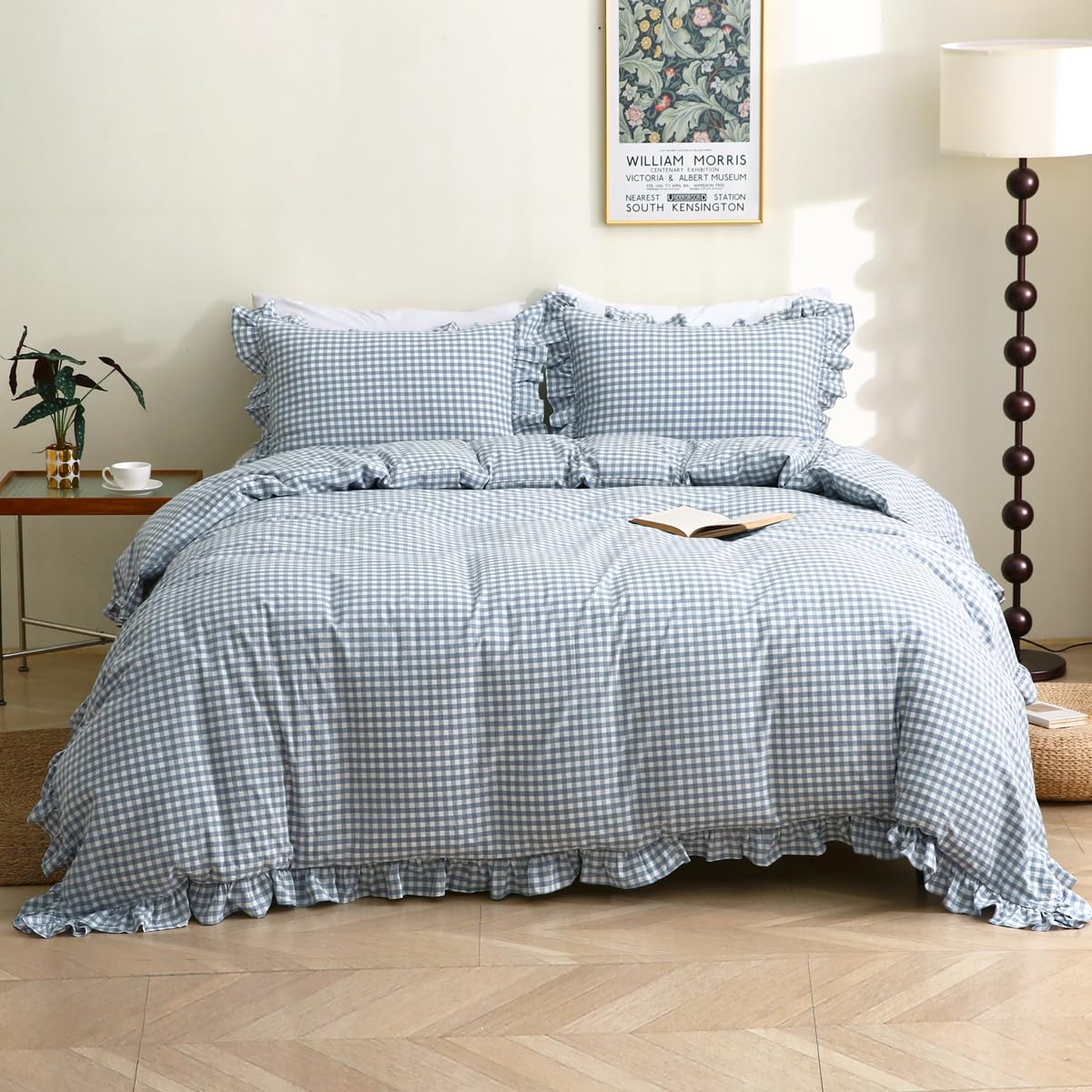 Silnuo Light Blue/White Gingham Plaid Ruffle Duvet Cover Set King Size