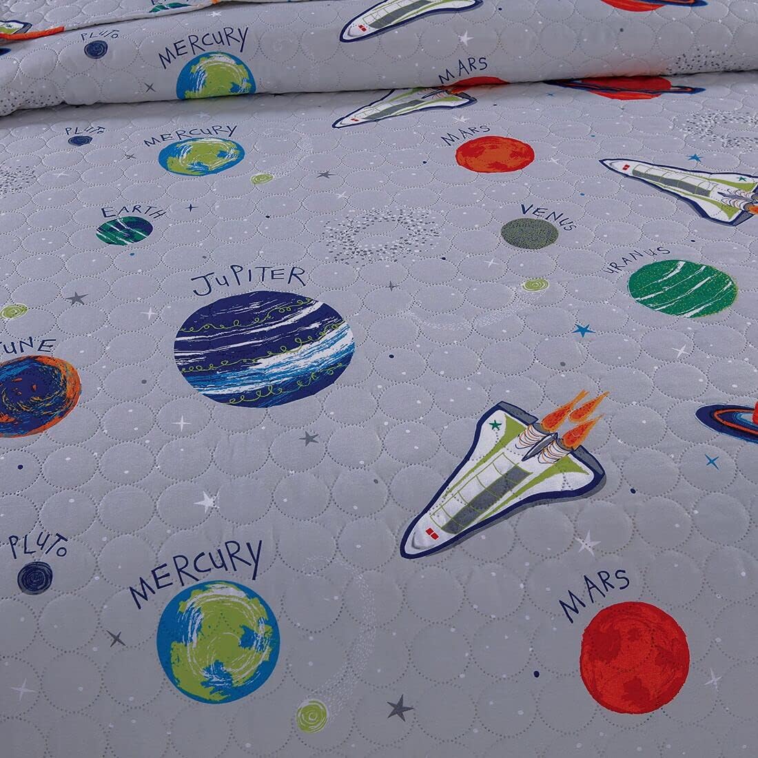 3 Piece Space Quilt Summer Bedspreads Twin Size Kids Planet Bed Cover Lightweight Coverlet Set Blanket Universe Bedding-Gray White