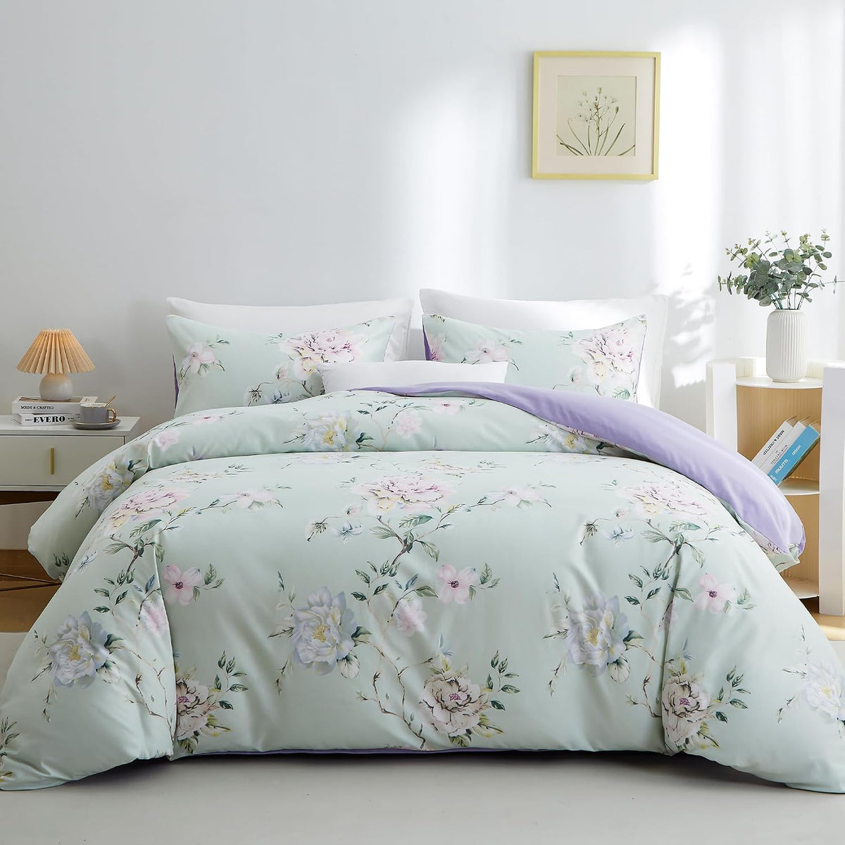BOLINLIVINGFloral Duvet Cover Set Queen Size, 3Pcs Bedding Set,Green&Purple