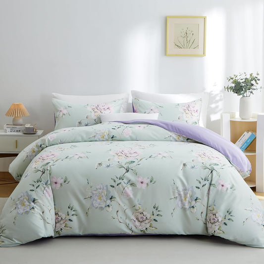 BOLINLIVINGFloral Duvet Cover Set Queen Size, 3Pcs Bedding Set,Green&Purple
