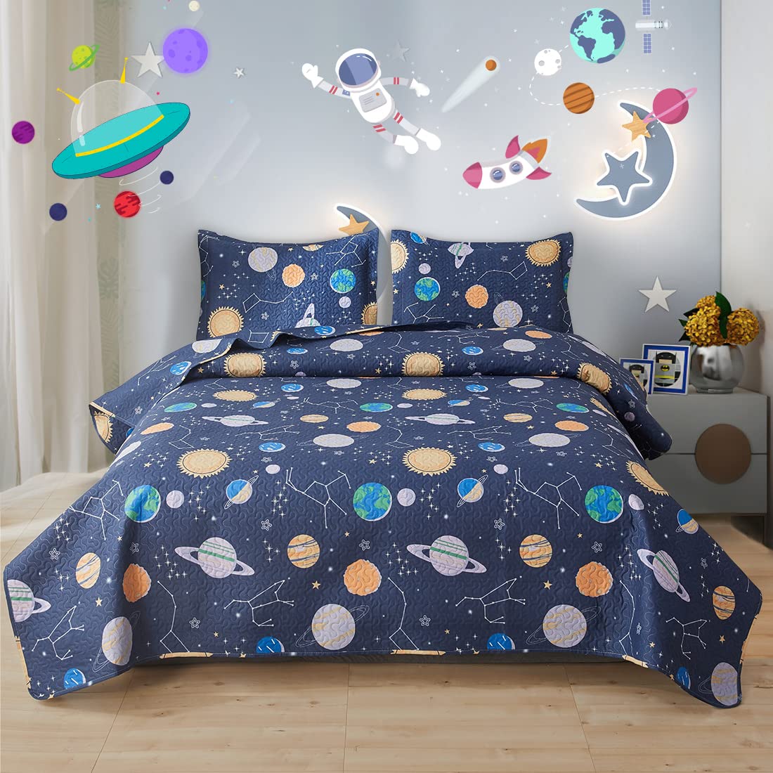 3 Piece Space Quilt Summer Bedspreads Twin Size Kids Planet Bed Cover Lightweight Coverlet Set Blanket Universe Bedding-Gray White