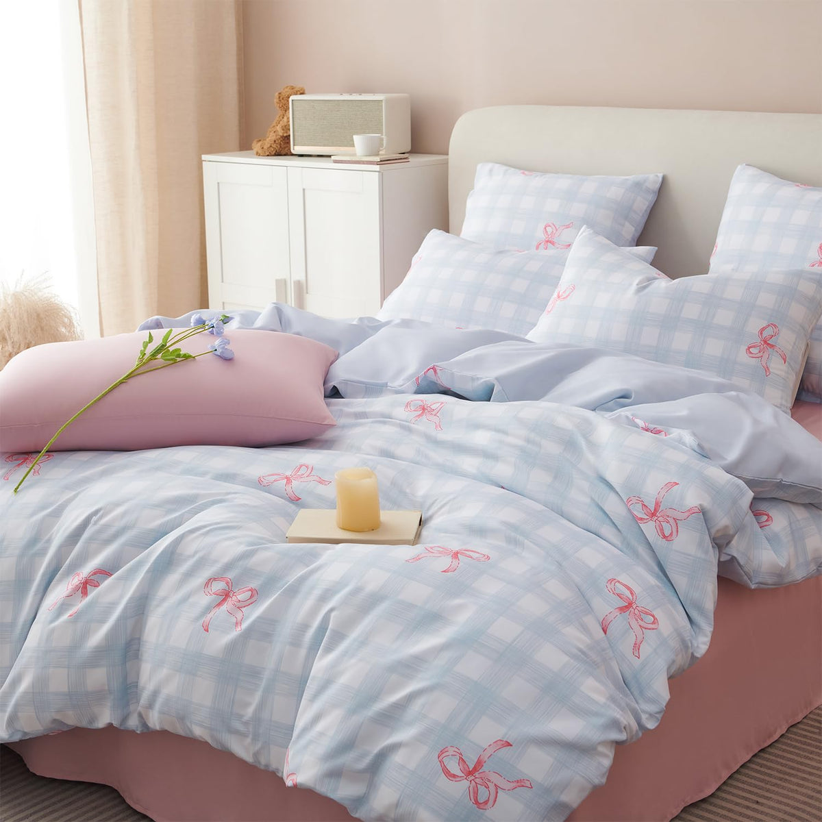 Bow Duvet Cover Twin Pink White Bow Striped Reversible Bedding Set