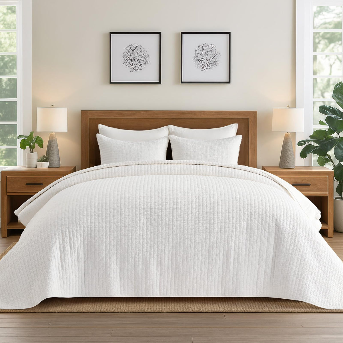 EverGrace 100% Cotton Cross Stitch 3-Piece Quilt, 118"x106", Bright White