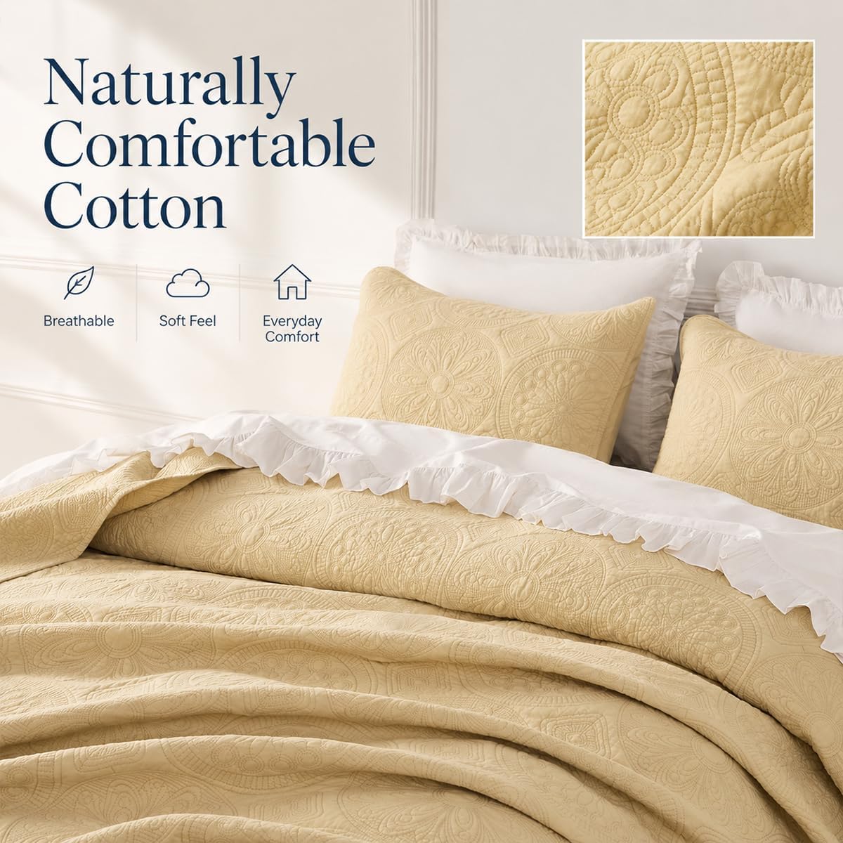 Brandream Queen Size Quilt Set Cotton Beige Quilts Luxury Medallion Matelasse Coverlet Set 3-Piece