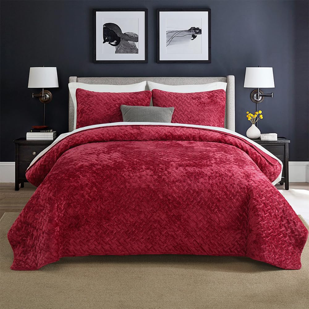 Liians Velvet Bedspread Quilt Coverlet Bedding Sets Full Queen Size, Pink