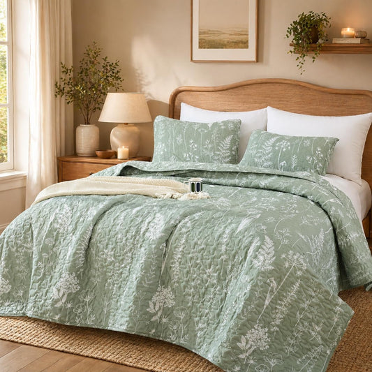 JANZAA Quilts Queen Size, Sage Green Bedspread 3 Pcs Floral Bedding Set