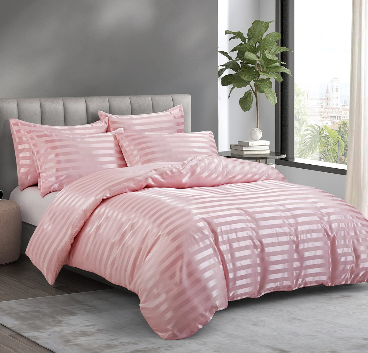 P Pothuiny 5 Pieces Blush Pink Satin Duvet Cover Full/Queen Size Set