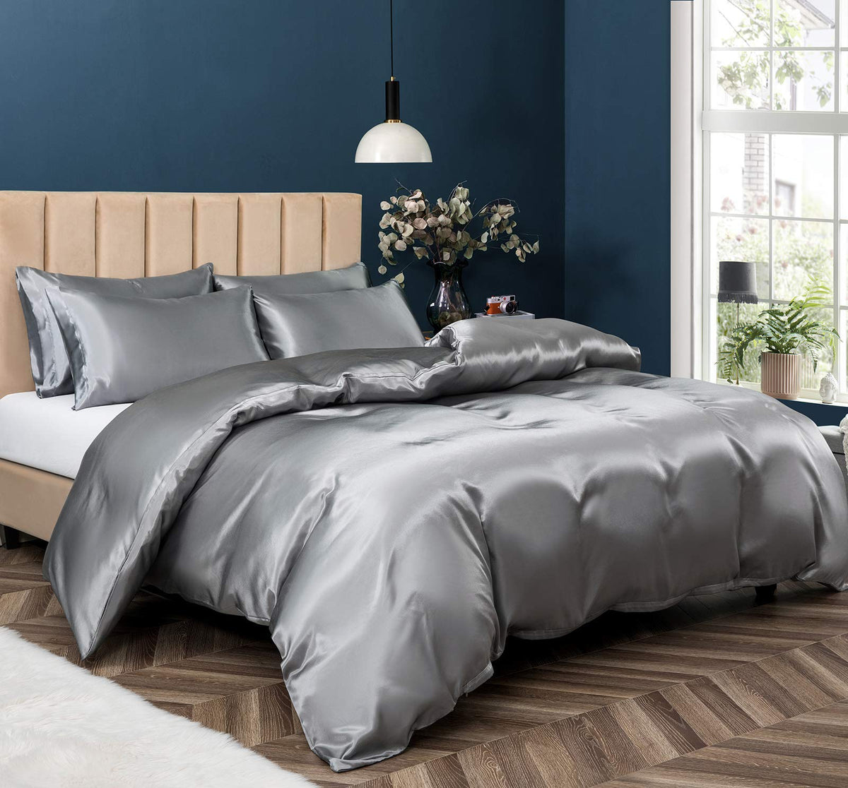 P Pothuiny 5 Pieces Blush Pink Satin Duvet Cover Full/Queen Size Set