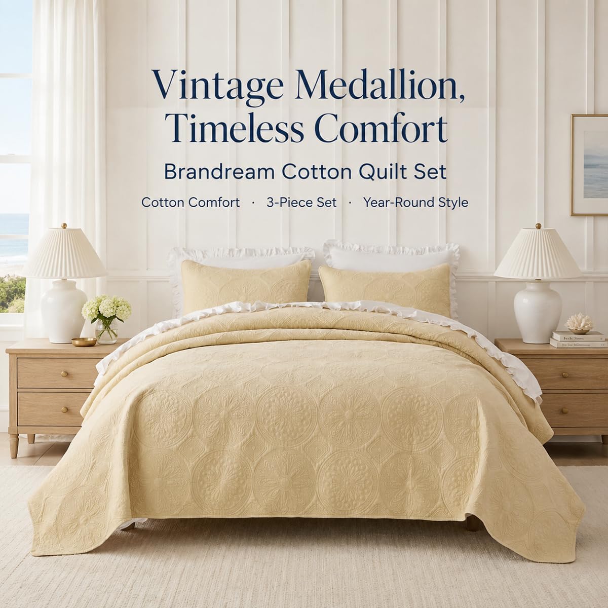 Brandream Queen Size Quilt Set Cotton Beige Quilts Luxury Medallion Matelasse Coverlet Set 3-Piece
