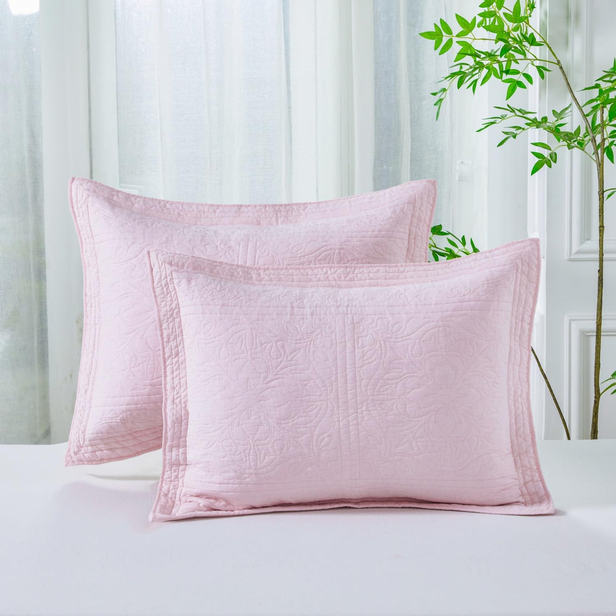 WINLIFE 100% Cotton Quilted Pillow Sham Floral Printed Pillow Cover Sage Green, Standard Size, 20 x 26 Inch