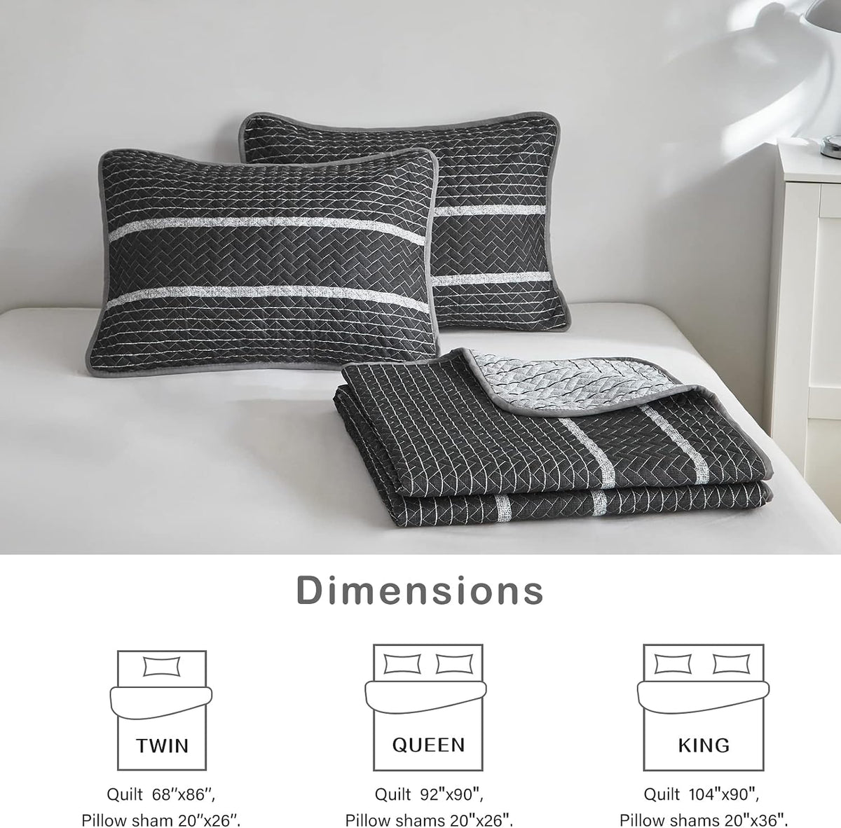 Flysheep Dark Grey Boho Quilt Set Full Queen Size, 3 Pcs White Striped on Gray Reversible Bedspread, Brushed Microfiber Coverlet for All Season, 1 Quilt + 2 Pillow Shams