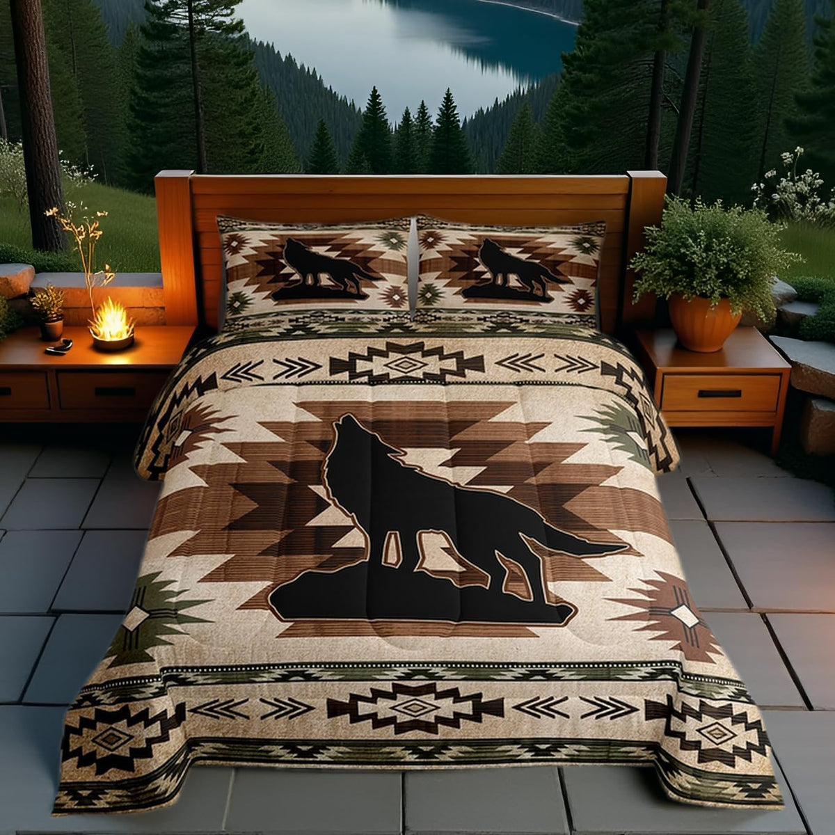 Homewish Jungle Cabin Comforter Set,Moose Animal Pine Trees Bedding Sets for Kids Teens Adults,Retro Wooden Stripes Rustic Farmhouse Quilted Comforter with 2 Pillowcases Queen Size 3 Pcs