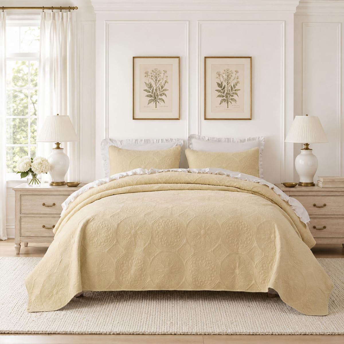 Brandream Queen Size Quilt Set Cotton Beige Quilts Luxury Medallion Matelasse Coverlet Set 3-Piece