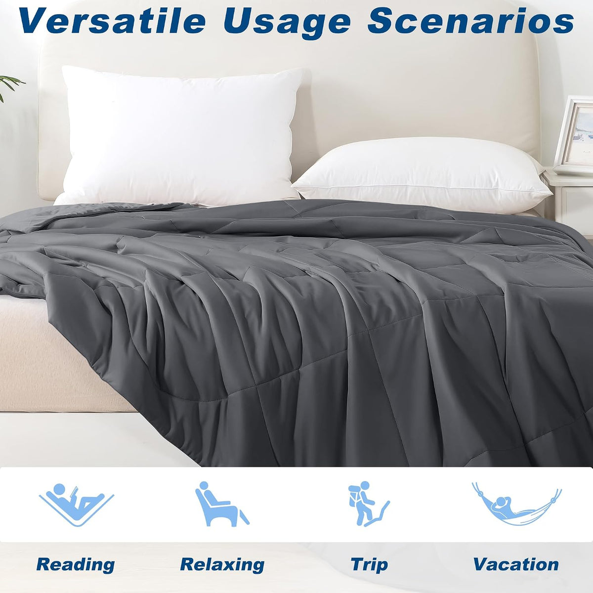 Cooling Comforter Queen Size, Double-Sided Cold Tech Fabric Quilted Bed Comforters Cooling Blanket for Hot Sleepers, Breathable Lightweight Summer Bedding, All-Season Ice Blanket, Dark Gray