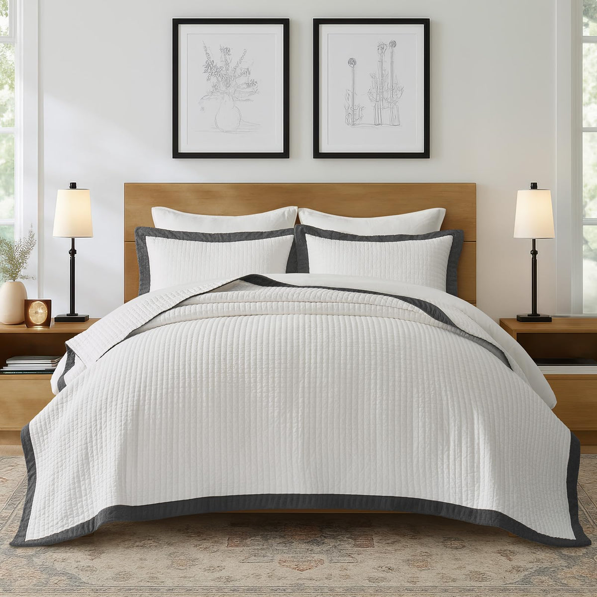 EverGrace 100% Cotton Cross Stitch 3-Piece Quilt, 118"x106", Bright White