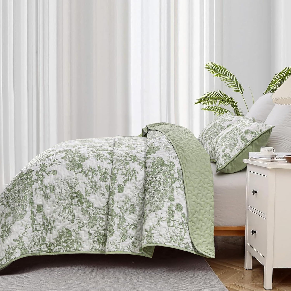 WONGS BEDDING Sage Green Quilt Set King Size, Botanical Floral Bedspread