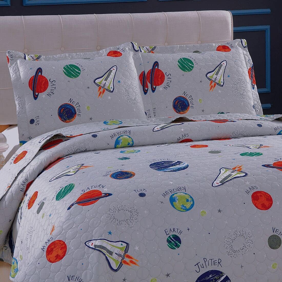 3 Piece Space Quilt Summer Bedspreads Twin Size Kids Planet Bed Cover Lightweight Coverlet Set Blanket Universe Bedding-Gray White