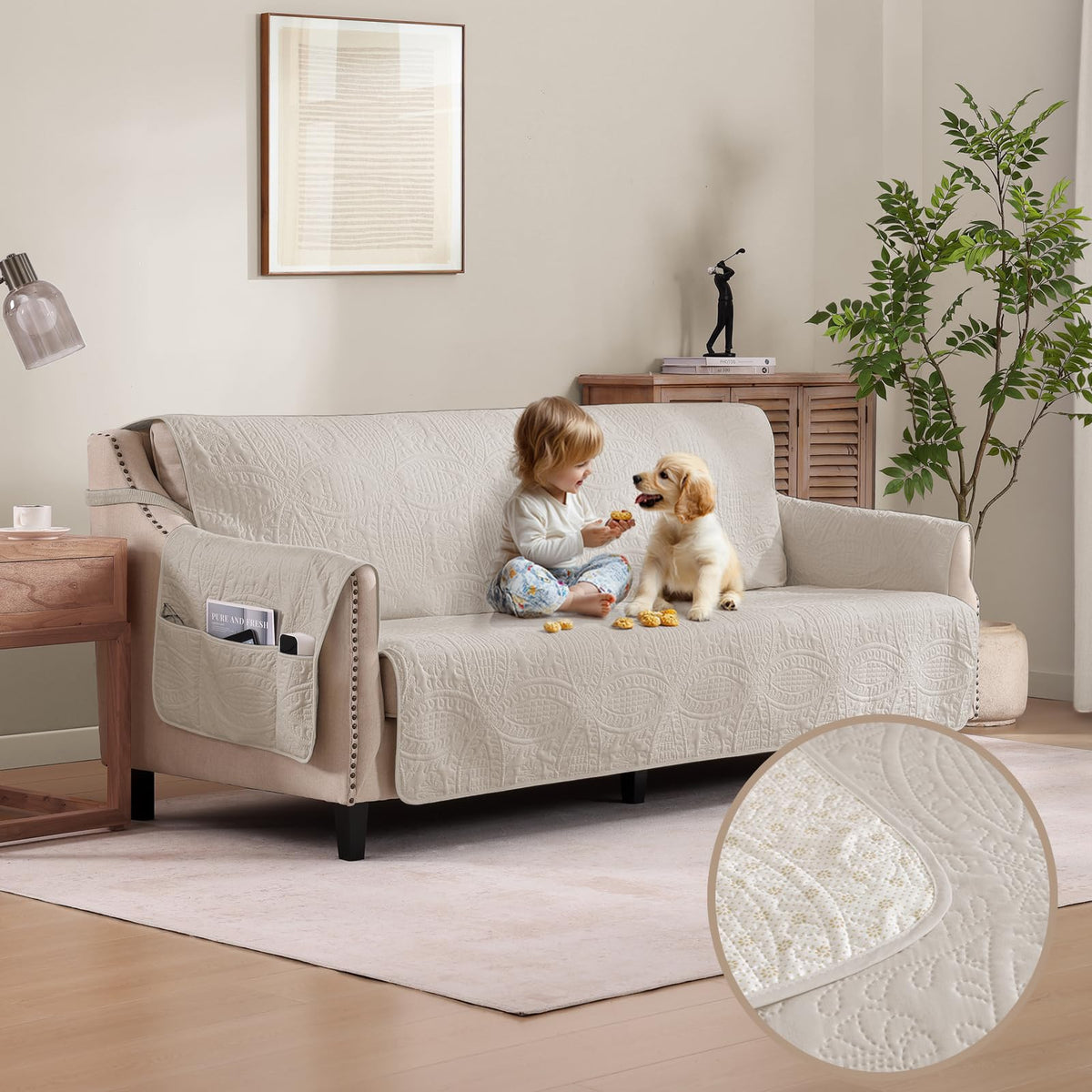 Soft Quilted Couch Cover with Pockets for Extra-Large Sofa, Anti-Slip Sofa Covers Washable for 3 Cushion Pet Friendly Medallion Oversized Sofa Cover Water-Repellent (X-Large Sofa 78", Ivory White)