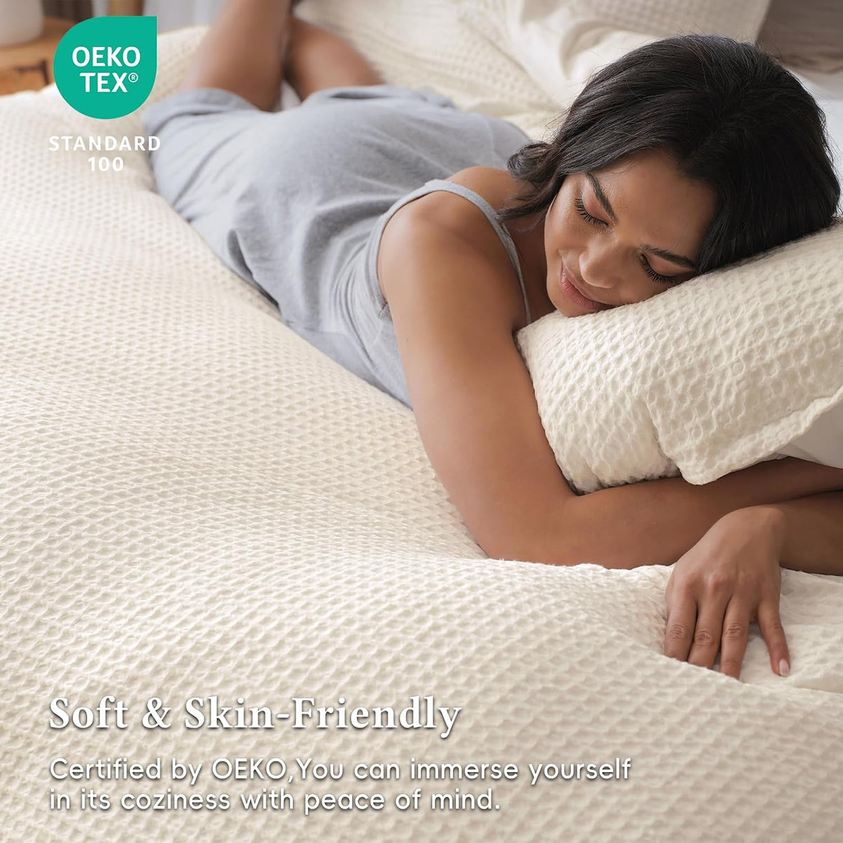 David's Home Textured Waffle Weave Duvet Cover Set, Twin, Cannoli Cream
