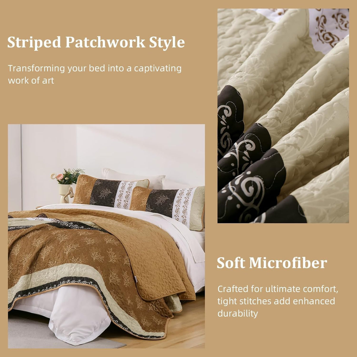 DJY Queen Quilt Set, Lightweight Striped Bedspread Bedding Set, Dark Brown