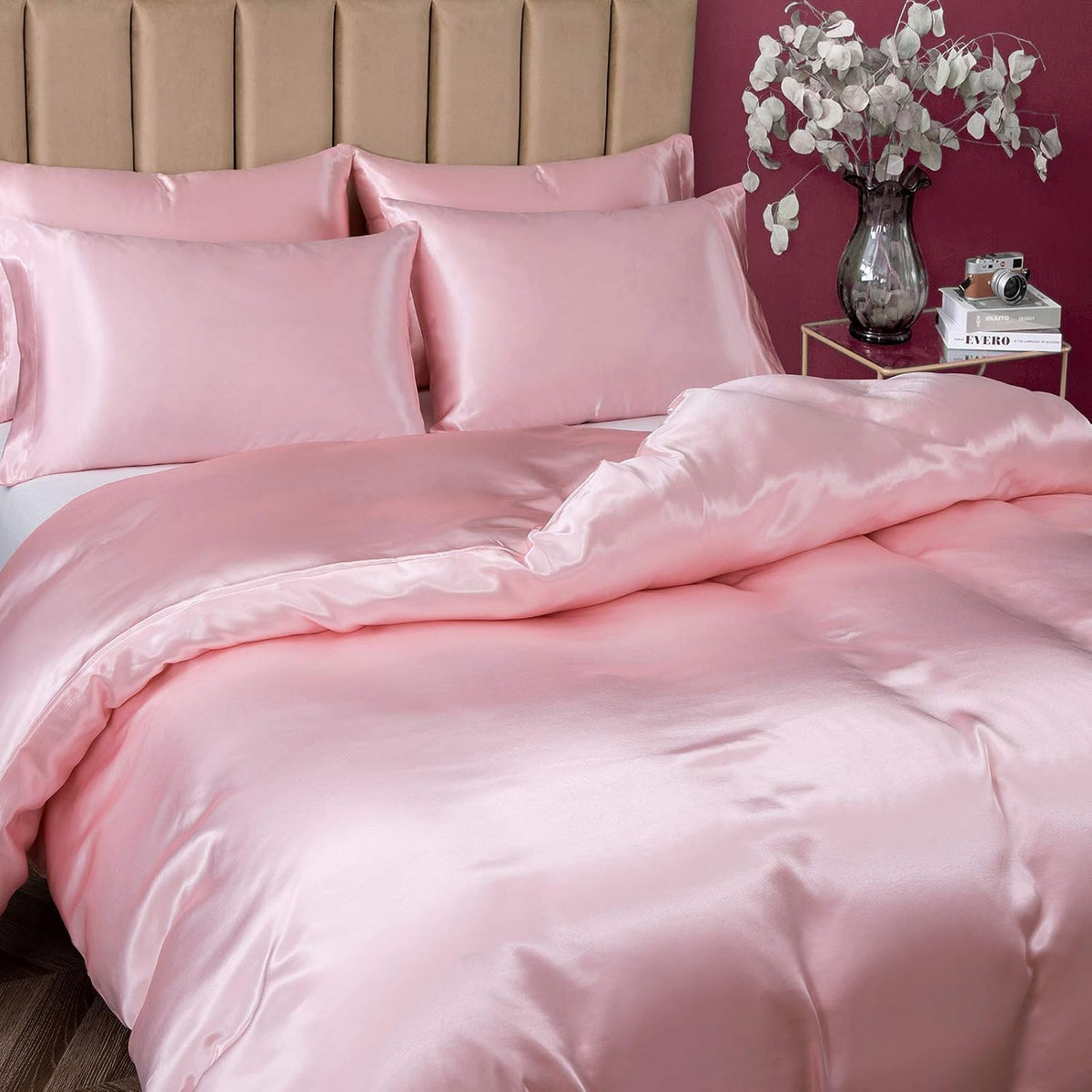 P Pothuiny 5 Pieces Blush Pink Satin Duvet Cover Full/Queen Size Set