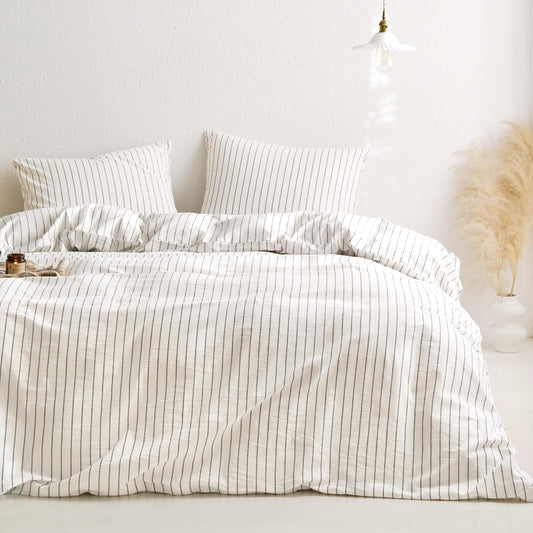 Wake In Cloud Striped Cotton Duvet Cover Set, White, Queen