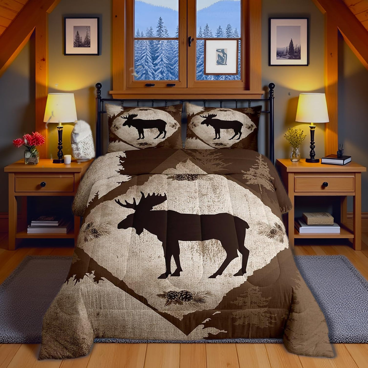 Homewish Jungle Cabin Comforter Set,Moose Animal Pine Trees Bedding Sets for Kids Teens Adults,Retro Wooden Stripes Rustic Farmhouse Quilted Comforter with 2 Pillowcases Queen Size 3 Pcs
