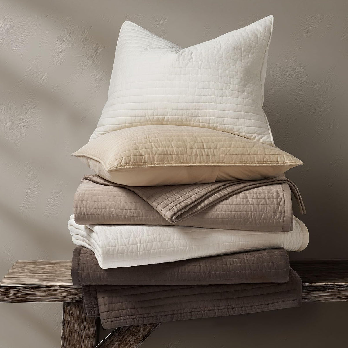 EVERGRACEHOME Cotton Sateen Quilt Set, King Size, Mocha Brown
