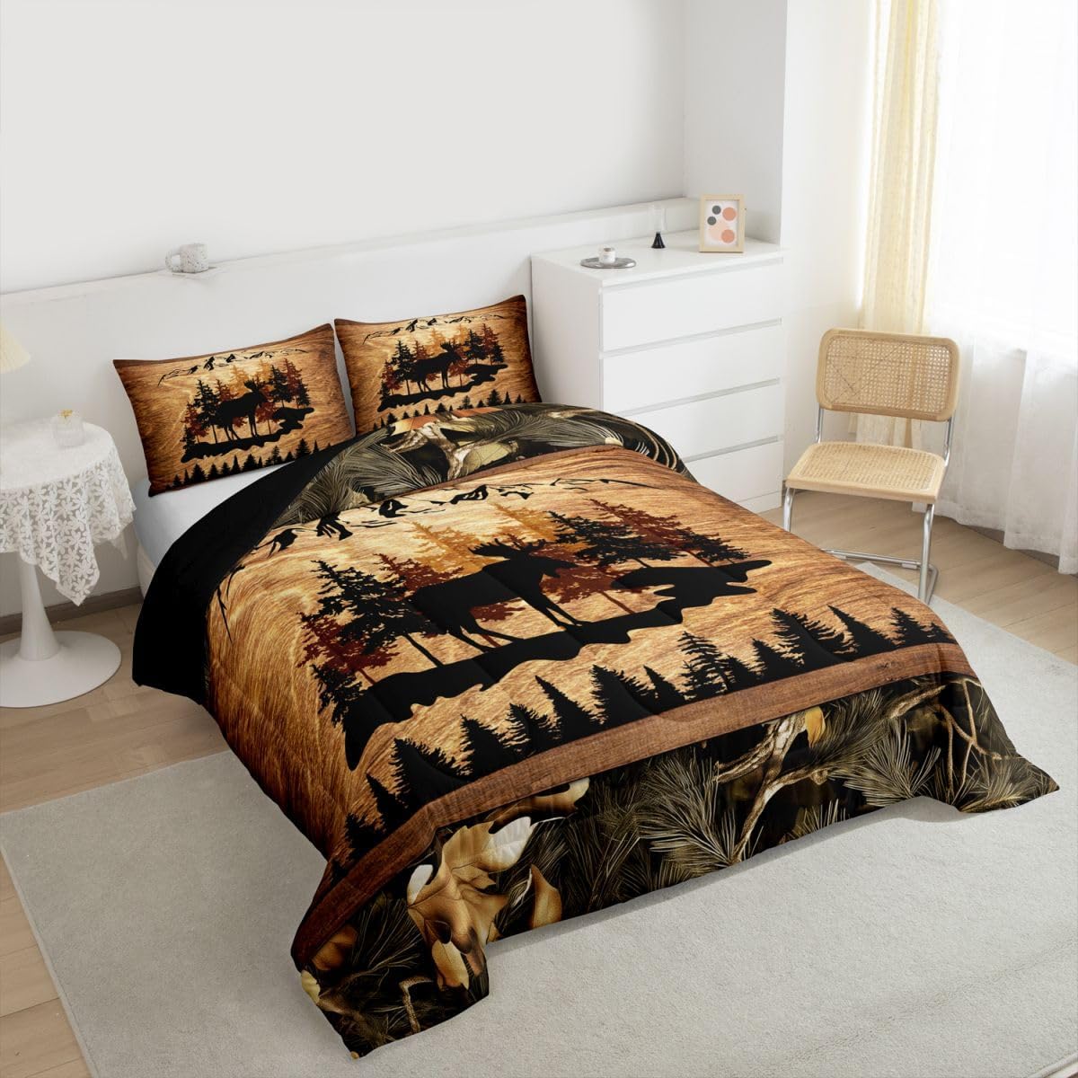 Homewish Jungle Cabin Comforter Set,Moose Animal Pine Trees Bedding Sets for Kids Teens Adults,Retro Wooden Stripes Rustic Farmhouse Quilted Comforter with 2 Pillowcases Queen Size 3 Pcs