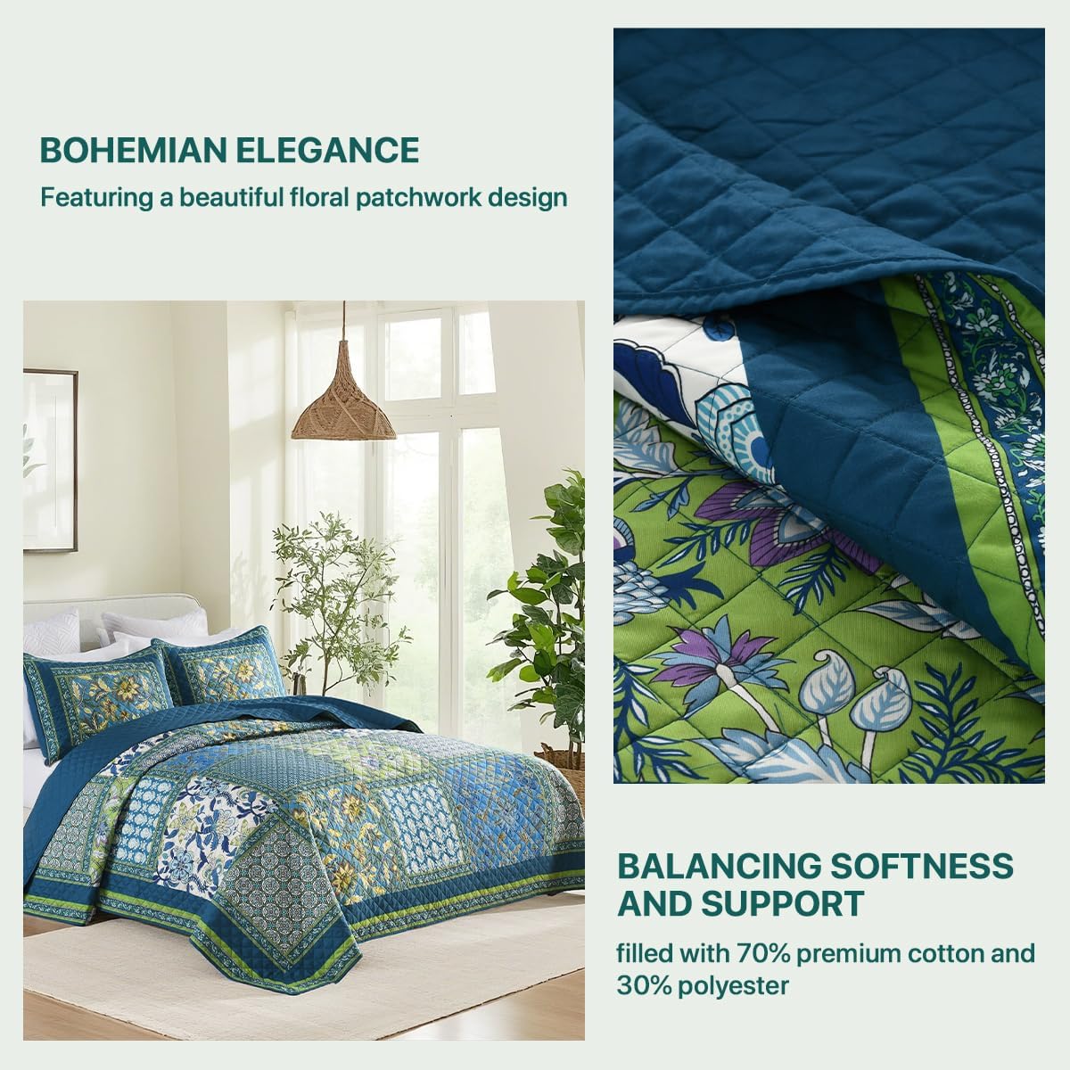 Twin Quilt Set - Washed Quilted Patchwork Comforter Coverlet, Lightweight Breathable Bedspread for All Seasons, Reversible 68"x90" with 2 Pillow Shams, Machine Washable