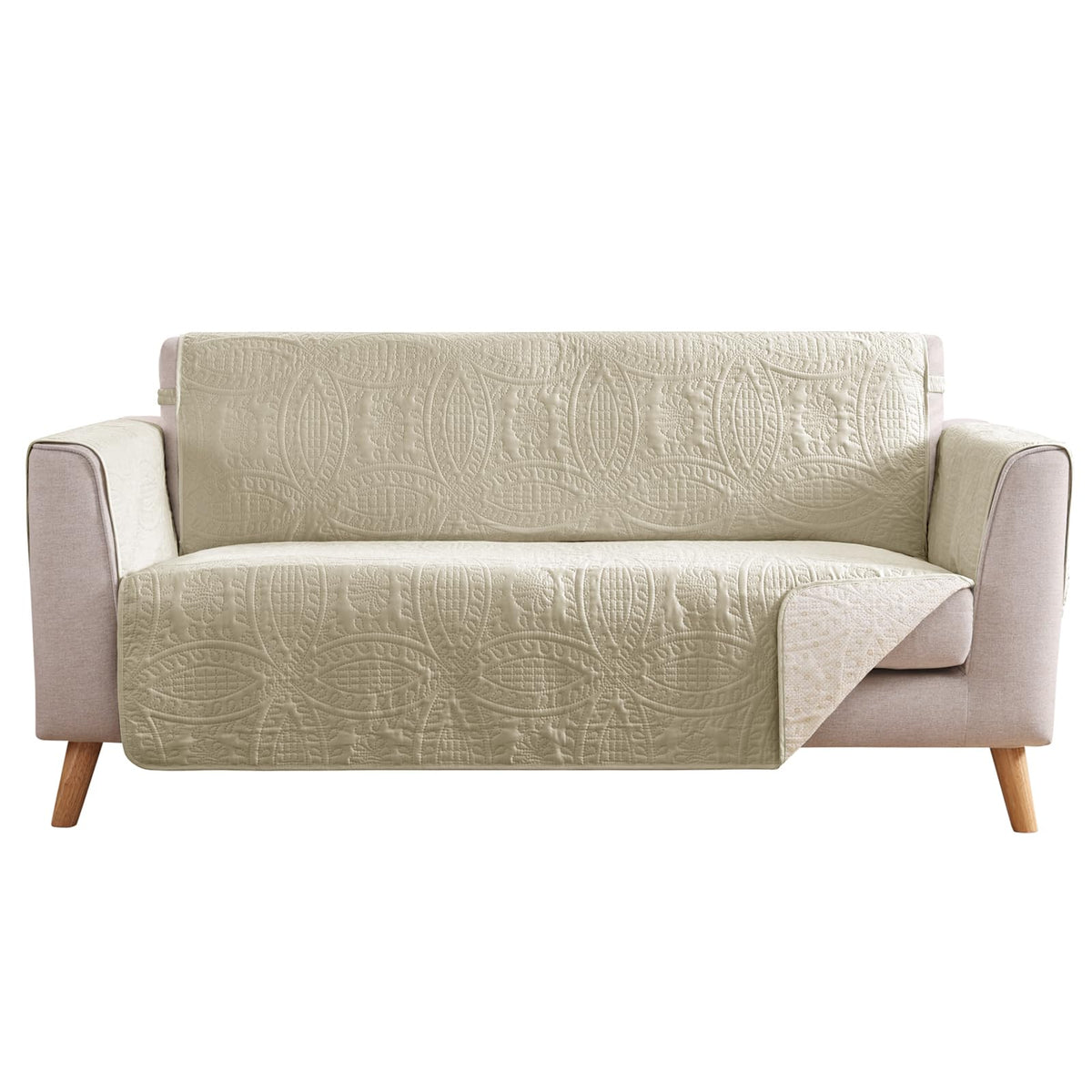 Soft Quilted Couch Cover with Pockets for Extra-Large Sofa, Anti-Slip Sofa Covers Washable for 3 Cushion Pet Friendly Medallion Oversized Sofa Cover Water-Repellent (X-Large Sofa 78", Ivory White)