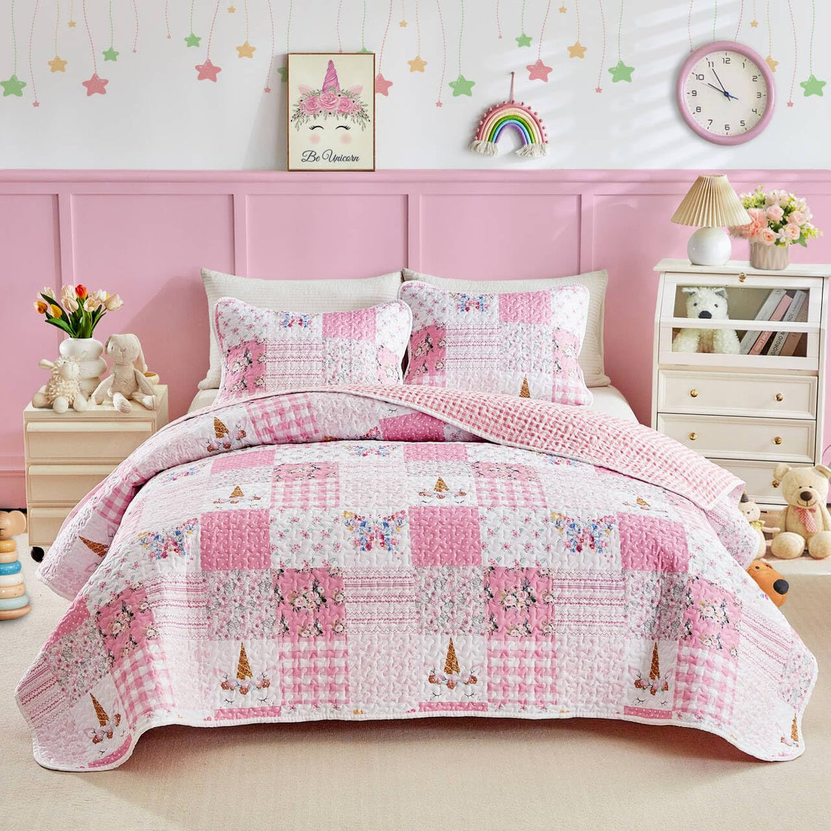 Joyreap Twin Size Quilt Set for Girls, Pink n Blue Floral Patchwork Design, 2 Pieces Soft n Cozy Microfiber Quilt, Bedspread Bed Cover for All Season- 68x88 inches