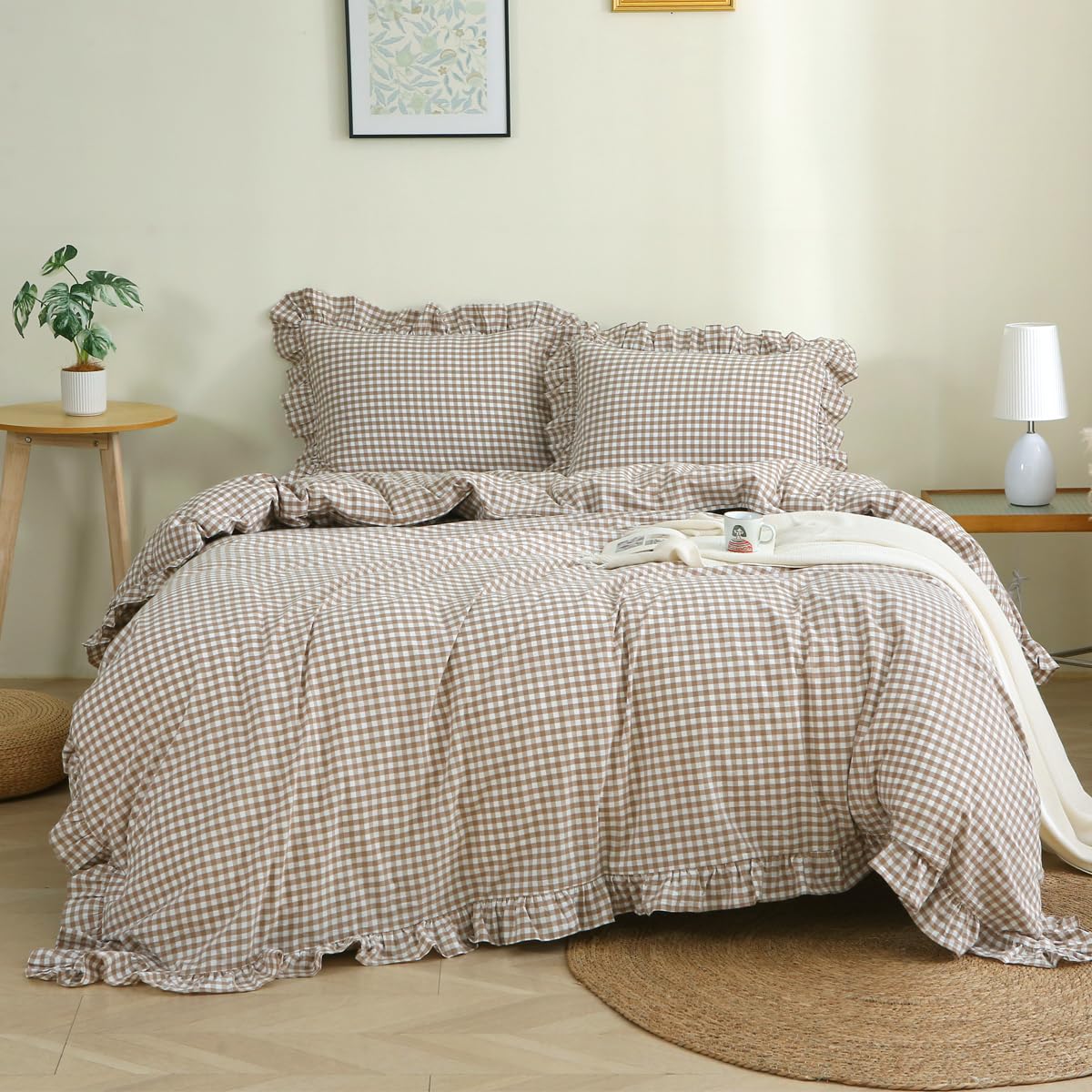 Silnuo Light Blue/White Gingham Plaid Ruffle Duvet Cover Set King Size