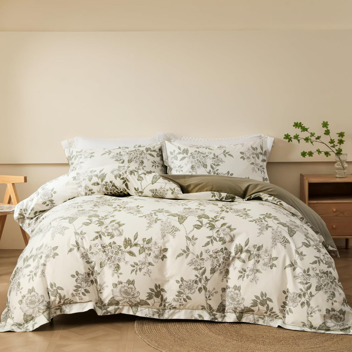 OAITE Queen Duvet Cover Set 3pcs 100% Cotton Wildflower Botanical