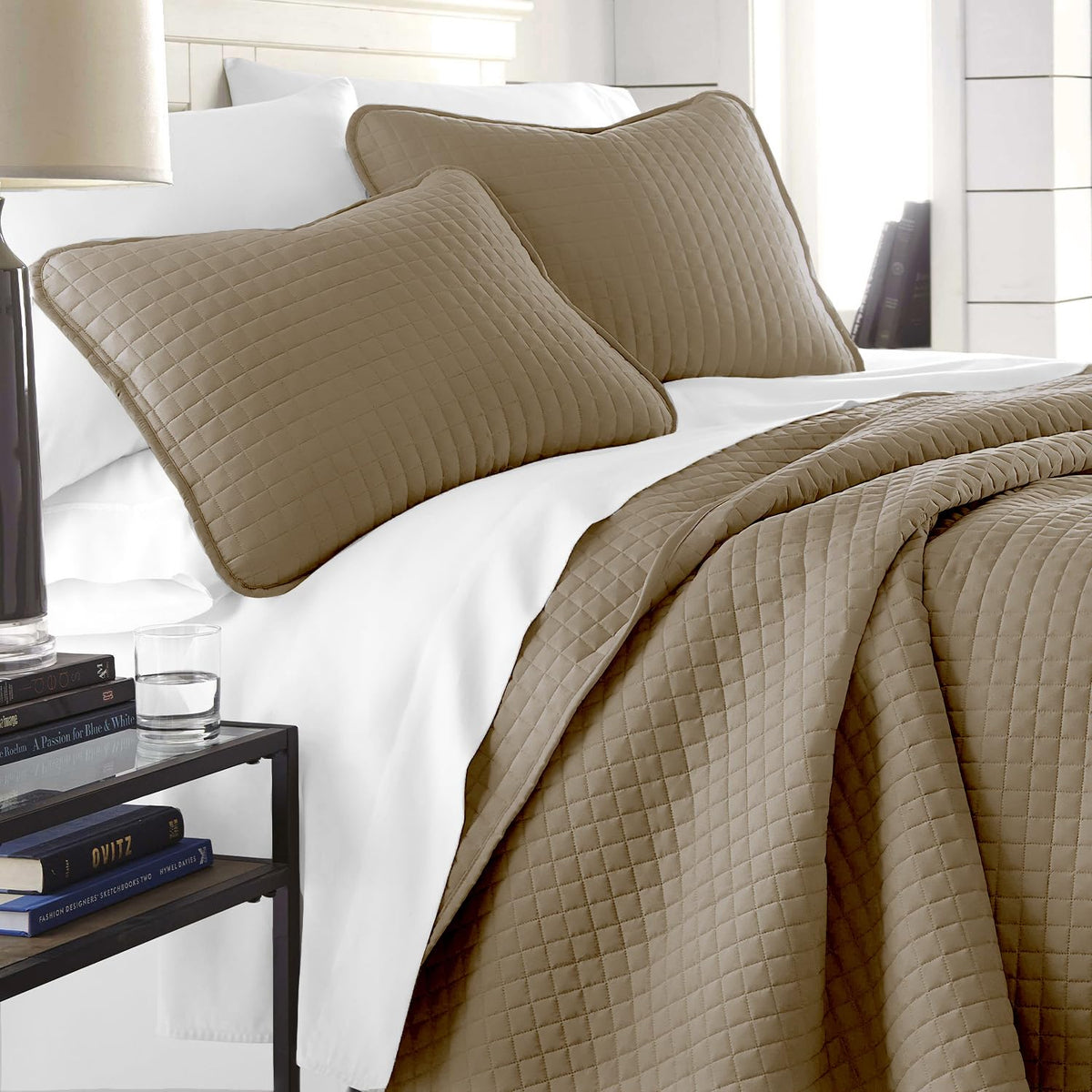 Queen Quilt Bedding Set with 2 Matching Quilted Pillow Shams, Natural Beige