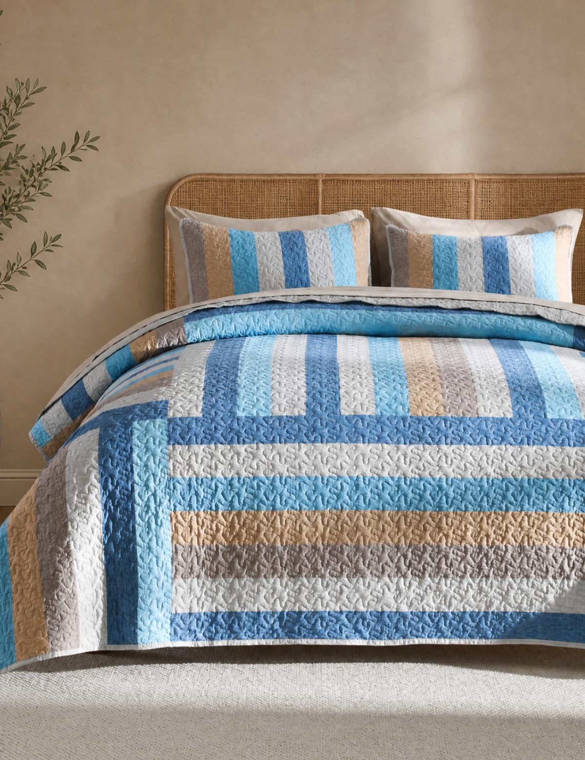 Twin Quilt Set - Washed Quilted Patchwork Comforter Coverlet, Lightweight Breathable Bedspread for All Seasons, Reversible 68"x90" with 2 Pillow Shams, Machine Washable