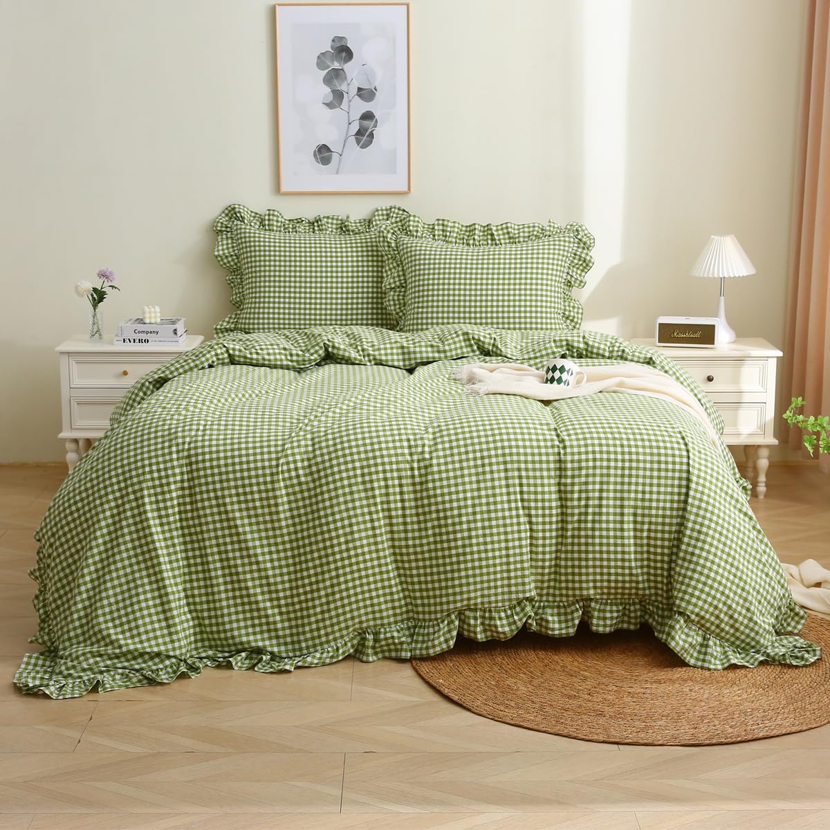 Silnuo Light Blue/White Gingham Plaid Ruffle Duvet Cover Set King Size